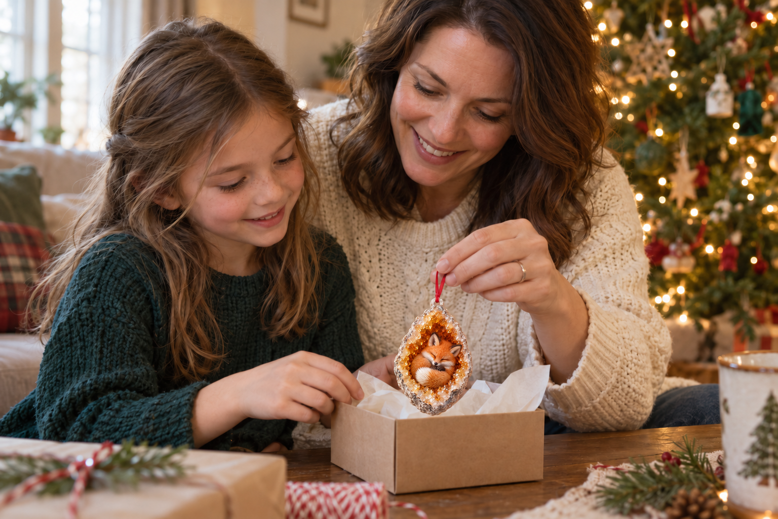 Christmas gift-giving scene with a woman and child looking at a fox ornament beside a decorated tree