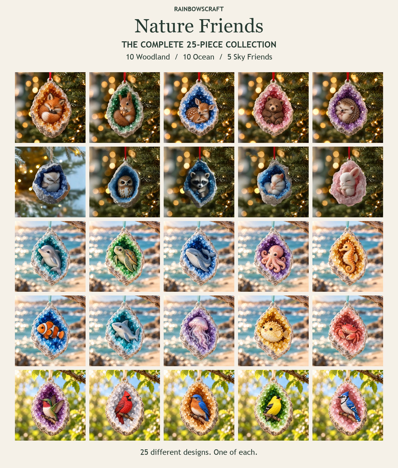 Complete Nature Friends set: 10 woodland animals, 10 ocean animals and 5 sky friends