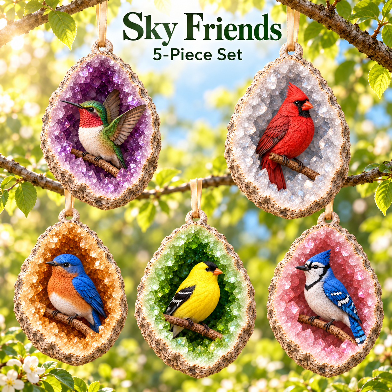 Sky Friends collection: Ruby-throated Hummingbird, Northern Cardinal, Eastern Bluebird, American Goldfinch and Blue Jay