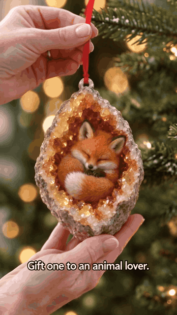 Animated decorative scene of a fox ornament hanging on a Christmas tree