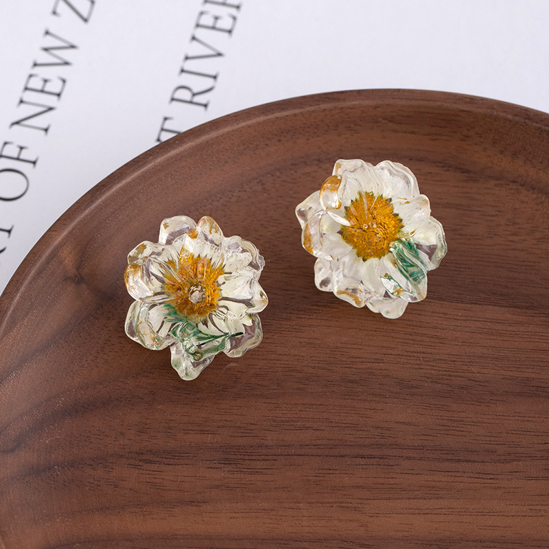 Small and fresh dried flower daisy resin earrings