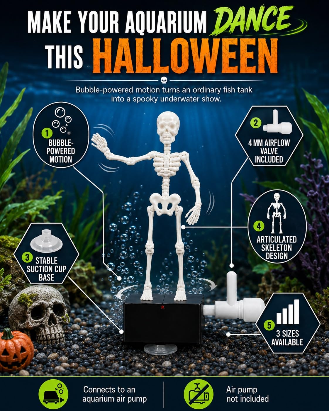 Halloween Animated Skeleton Fish Tank Decor