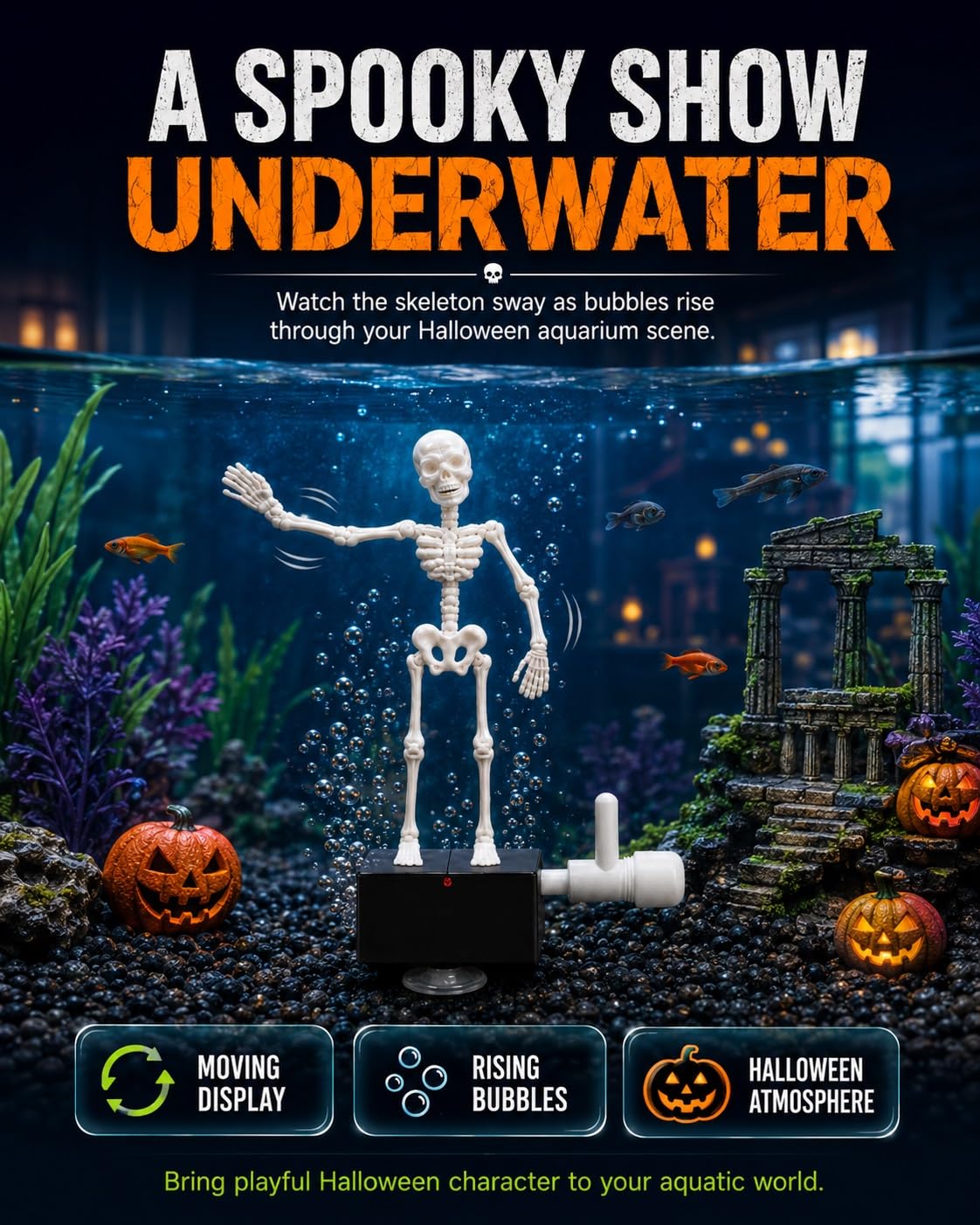 Halloween Animated Skeleton Fish Tank Decor
