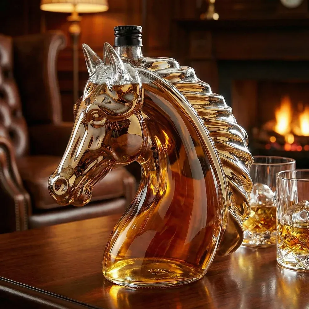Personalized Horse Head Glass Liquor Bottle 350ml, Crystal Clear Whiskey Decanter with Custom Engraving, Mini Alcohol Flask Gift for Men & Home Bar