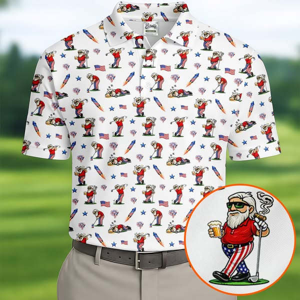 4th Of July Funny Man Golf And Beer USA Polo Shirt, Patriotic Golf Shirt, 250th Anniversary Golf Shirts For Men