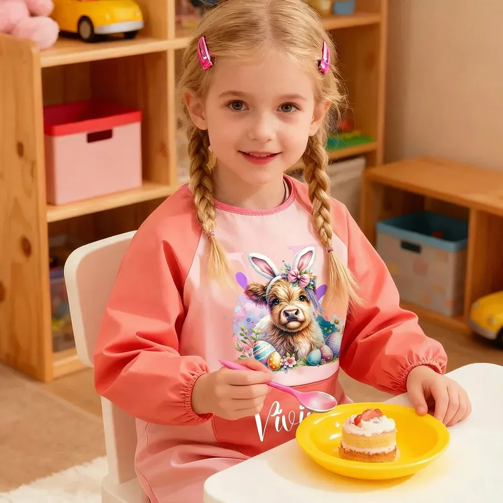 Personalized Bunny Ears Highland Cow Kid Painting Baking Apron with Name and Front Pocket Outdoor Activities Easter Gift for Kids