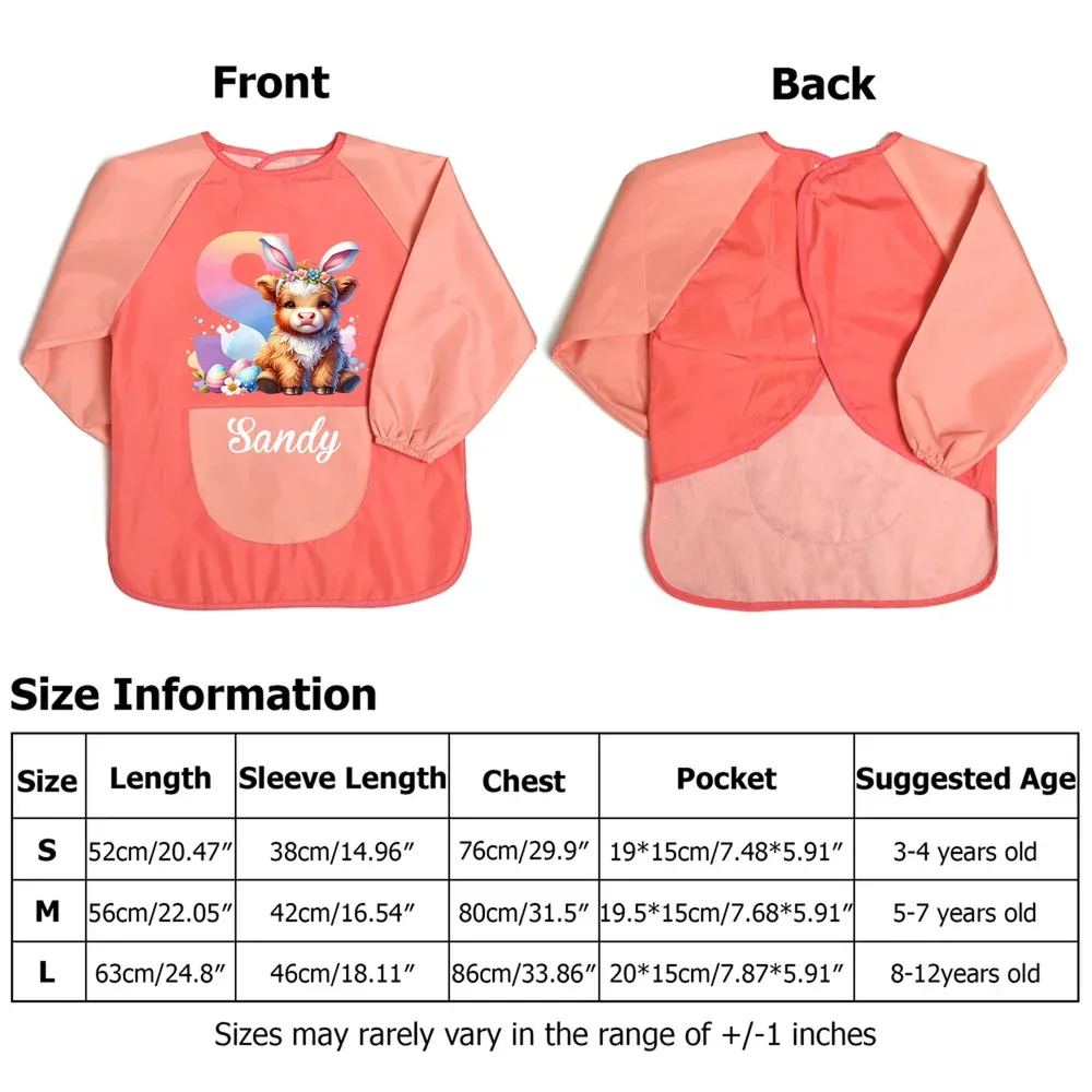 Personalized Bunny Ears Highland Cow Kid Painting Baking Apron with Name and Front Pocket Outdoor Activities Easter Gift for Kids