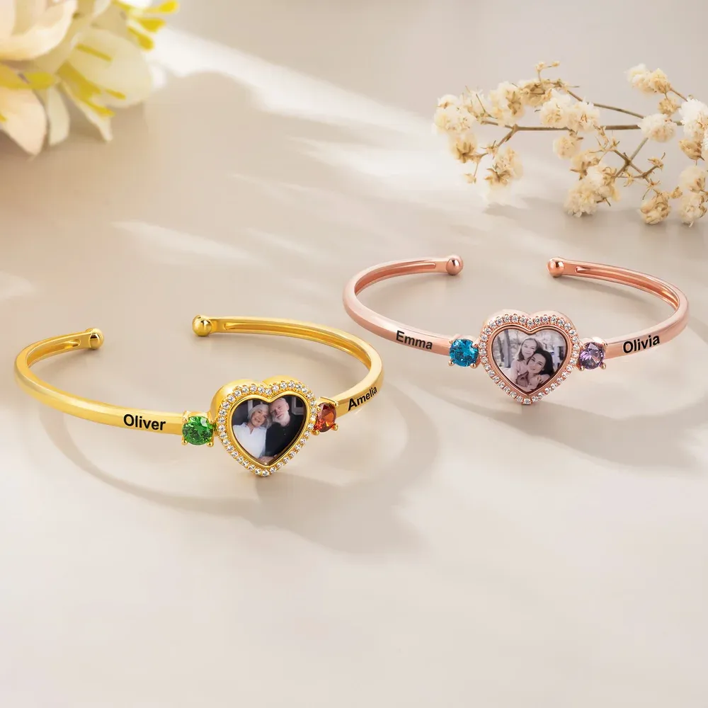 Personalized Birthstone Zircon Heart-Shaped Photo Cuff Bracelet with Names Dainty Jewelry Birthday Valentine's Day Anniversary Gift for Couple