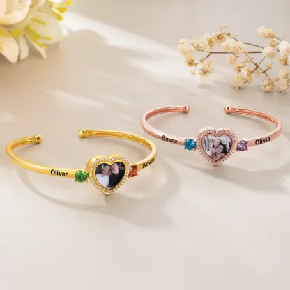 Personalized Birthstone Zircon Heart-Shaped Photo Cuff Bracelet with Names Dainty Jewelry Birthday Valentine's Day Anniversary Gift for Couple