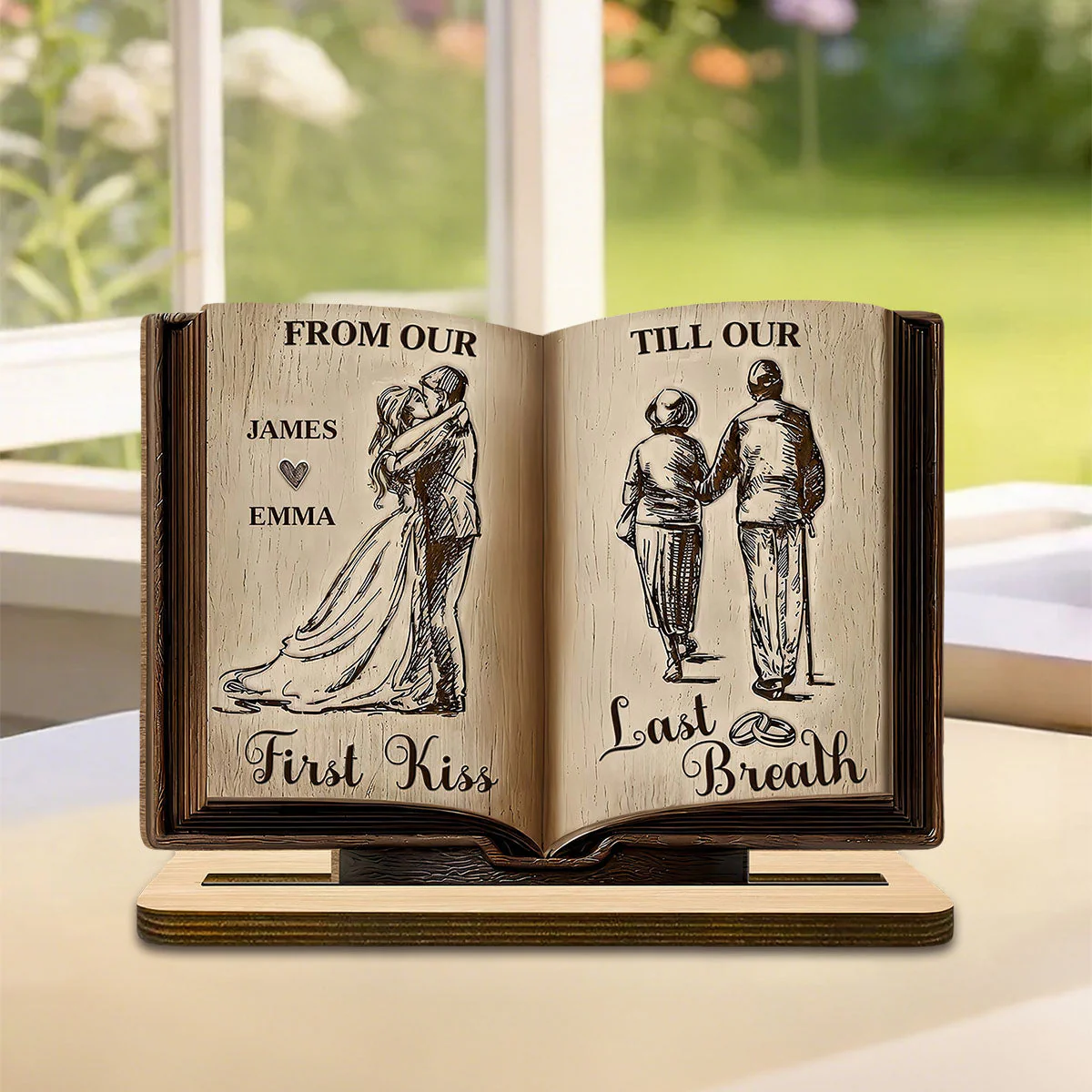From Our First Kiss Till Our Last Breath Book Shape Wooden Plaque, Personalized Valentines Gift