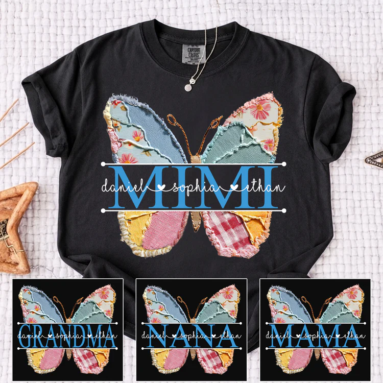 Comfort Colors Custom Mimi T Shirt, Floral Butterfly Design with Grandkids Names, Personalized Family Tee