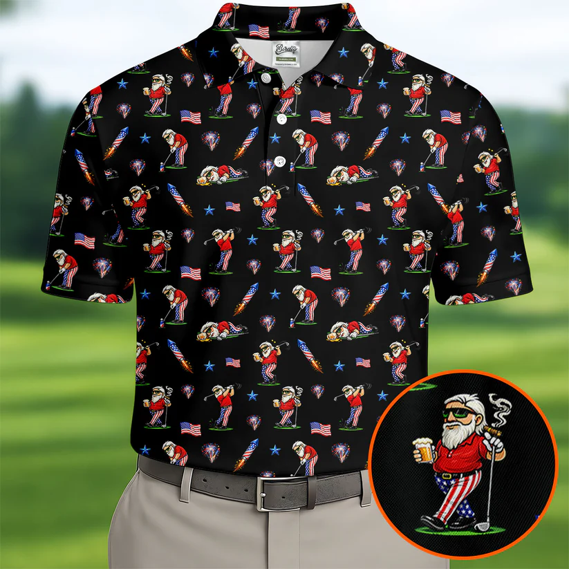 4th Of July Funny Man Golf And Beer Black Golf Shirt, Patriotic Golf Shirt, 250th Anniversary Golf Shirts For Men