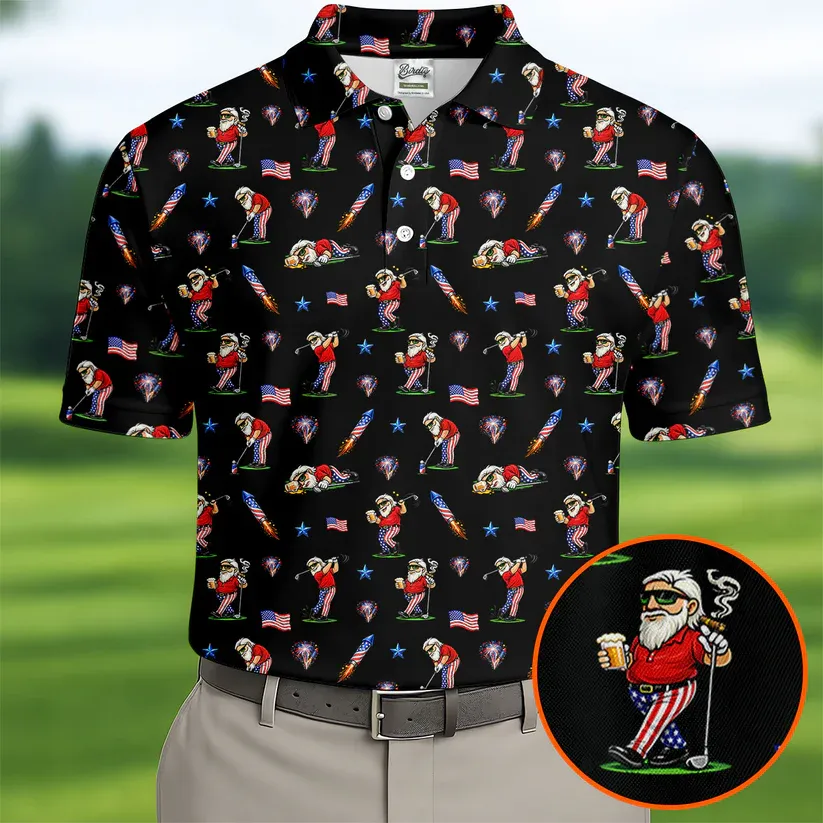 4th Of July Funny Man Golf And Beer Black Golf Shirt, Patriotic Golf Shirt, 250th Anniversary Golf Shirts For Men