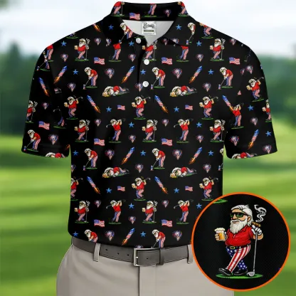 4th Of July Funny Man Golf And Beer Black Golf Shirt, Patriotic Golf Shirt, 250th Anniversary Golf Shirts For Men