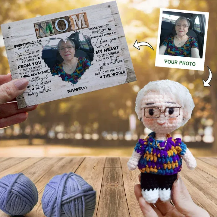 Personalized Crochet Doll with Photo Card "Mom Everything I Am"