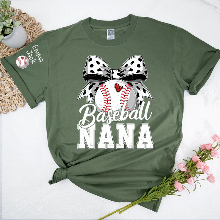 Proud Baseball Nana T Shirt, Personalized Kids Names Sports Shirt with Bow Graphic