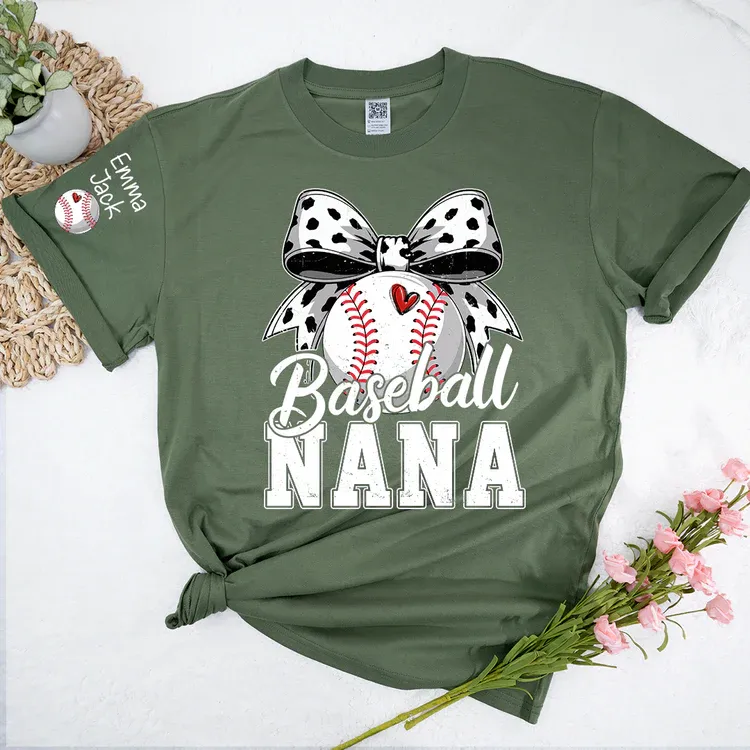 Proud Baseball Nana T Shirt, Personalized Kids Names Sports Shirt with Bow Graphic