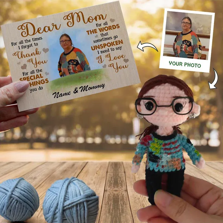 Personalized Crochet Doll with Photo Card "Dear Mom I love You"