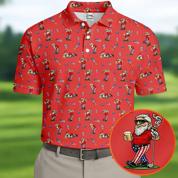 4th Of July Funny Man Golf And Beer Red Golf Shirt, Patriotic Golf Shirt, 250th Anniversary Golf Shirts For Men