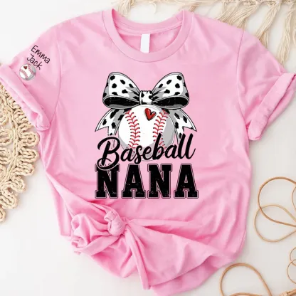 Proud Baseball Nana T Shirt, Personalized Kids Names Sports Shirt with Bow Graphic