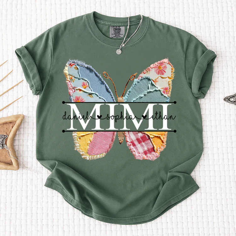 Comfort Colors Custom Mimi T Shirt, Floral Butterfly Design with Grandkids Names, Personalized Family Tee