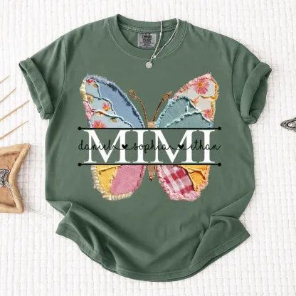 Comfort Colors Custom Mimi T Shirt, Floral Butterfly Design with Grandkids Names, Personalized Family Tee