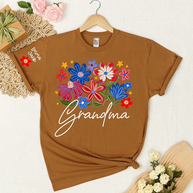 Grandma T-shirt With Heart And Flower Print, Custom Pinted Family Names