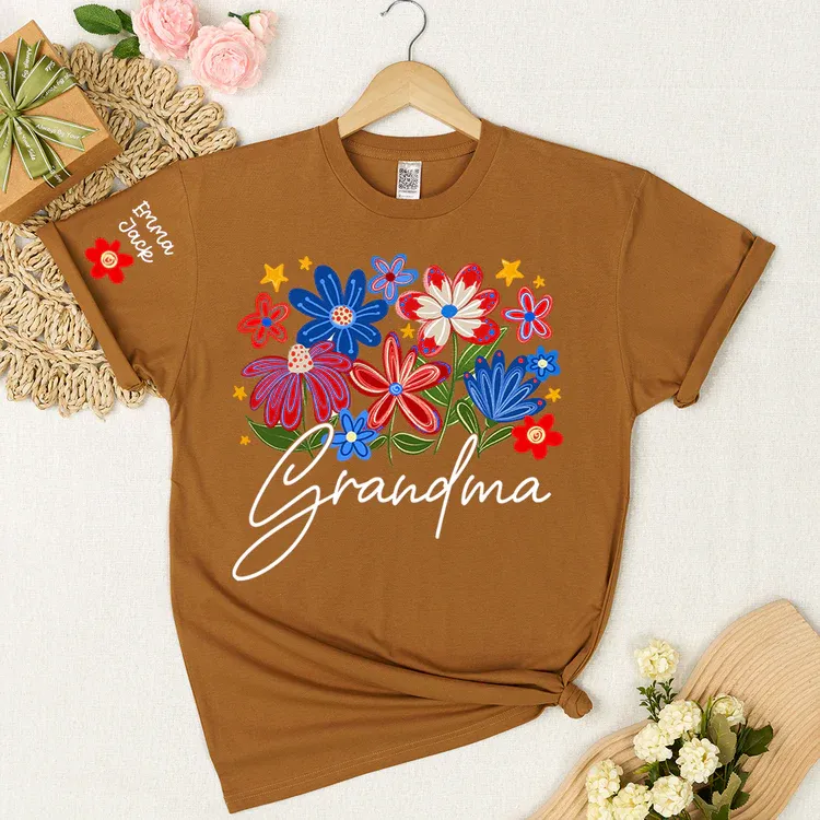 Grandma T-shirt With Heart And Flower Print, Custom Pinted Family Names