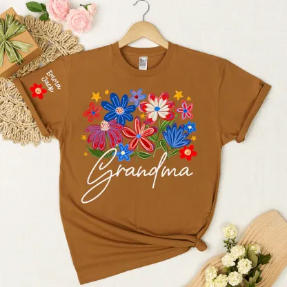 Grandma T-shirt With Heart And Flower Print, Custom Pinted Family Names