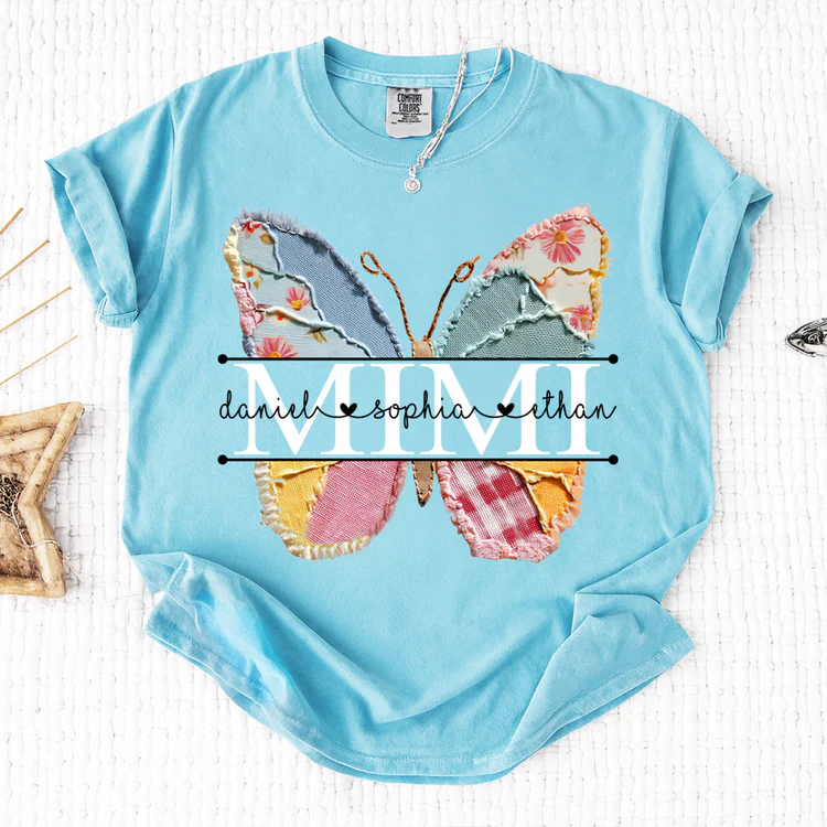 Comfort Colors Custom Mimi T Shirt, Floral Butterfly Design with Grandkids Names, Personalized Family Tee