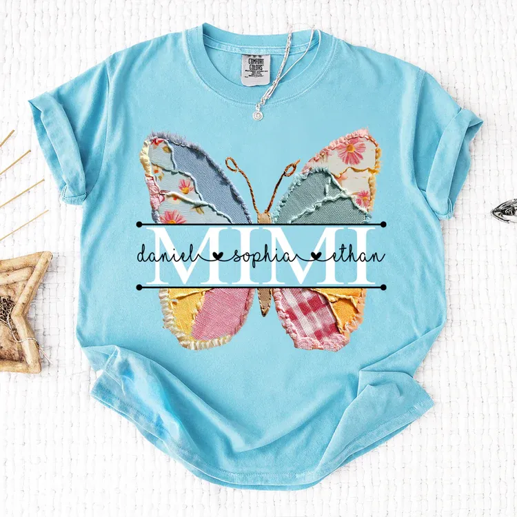 Comfort Colors Custom Mimi T Shirt, Floral Butterfly Design with Grandkids Names, Personalized Family Tee