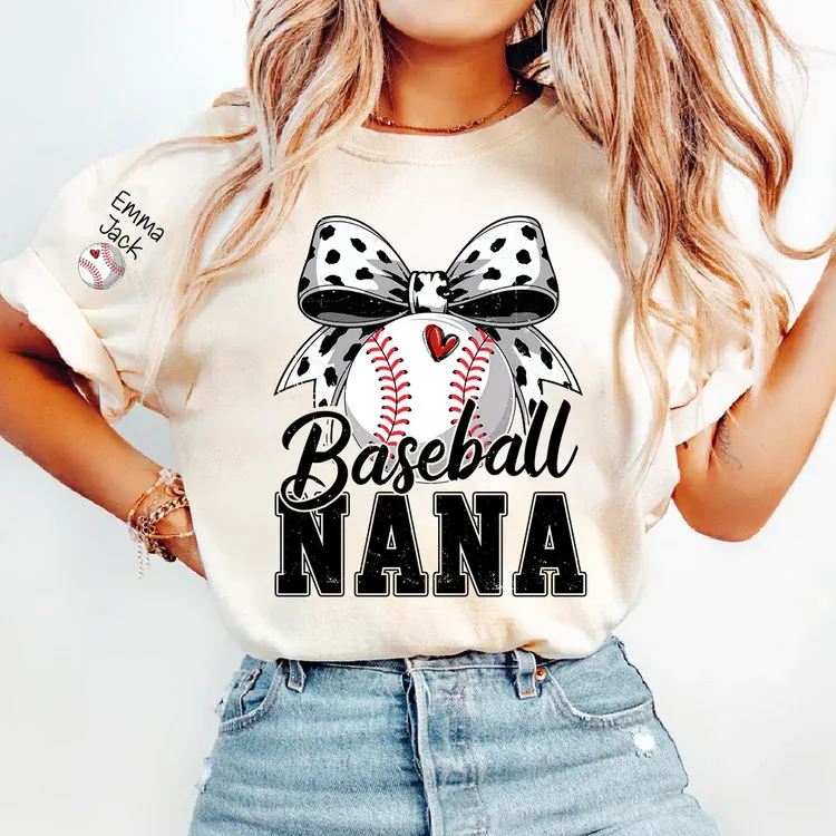 Proud Baseball Nana T Shirt, Personalized Kids Names Sports Shirt with Bow Graphic