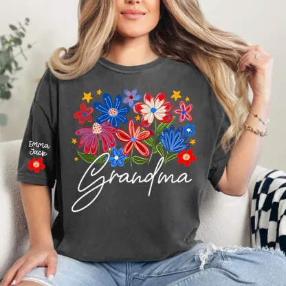 Grandma T-shirt With Heart And Flower Print, Custom Pinted Family Names