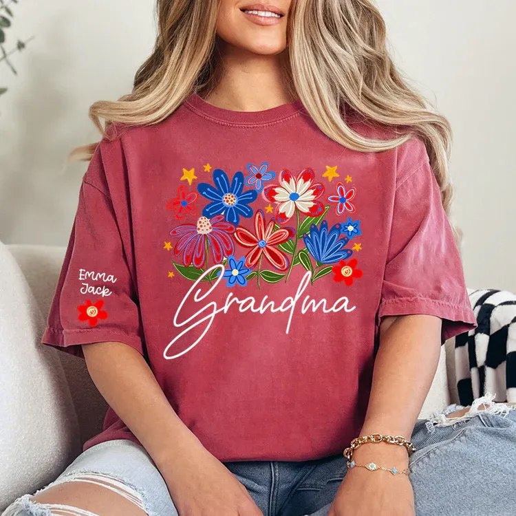 Grandma T-shirt With Heart And Flower Print, Custom Pinted Family Names