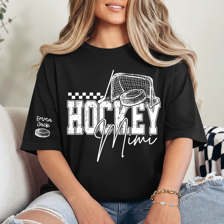 Custom Hockey Mimi T Shirt, Personalized Family Names with Hockey Design