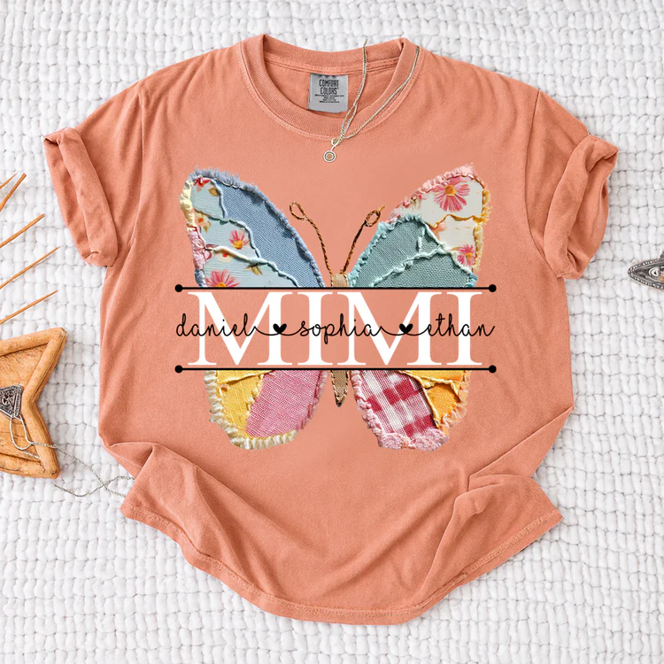 Comfort Colors Custom Mimi T Shirt, Floral Butterfly Design with Grandkids Names, Personalized Family Tee