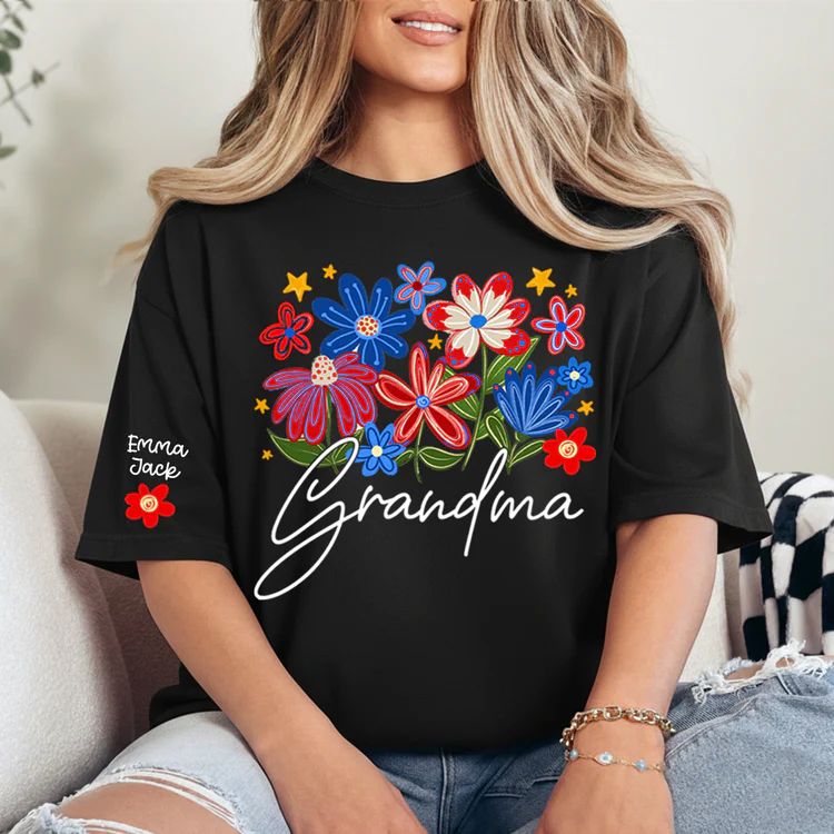 Grandma T-shirt With Heart And Flower Print, Custom Pinted Family Names