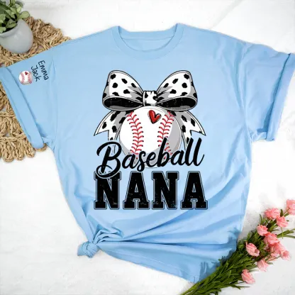 Proud Baseball Nana T Shirt, Personalized Kids Names Sports Shirt with Bow Graphic