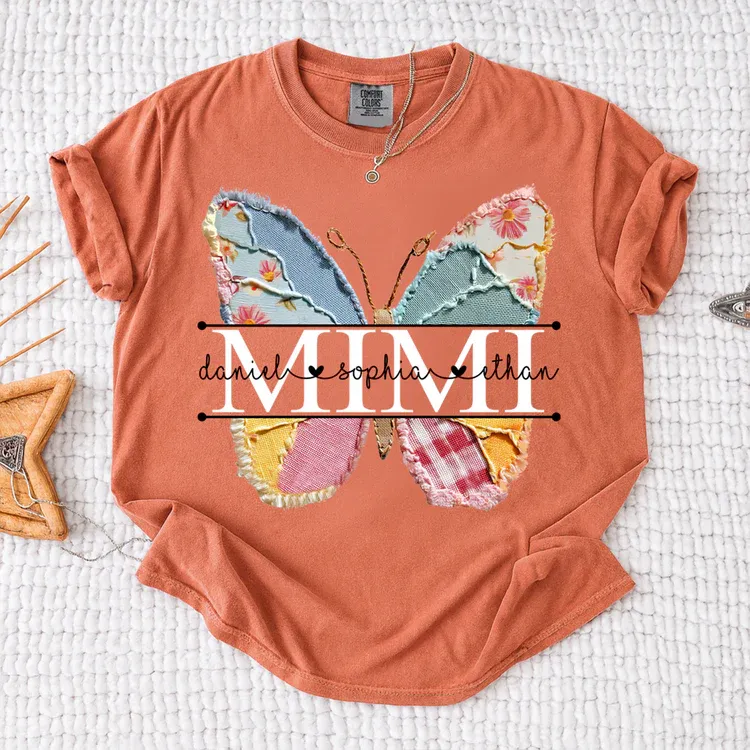 Comfort Colors Custom Mimi T Shirt, Floral Butterfly Design with Grandkids Names, Personalized Family Tee