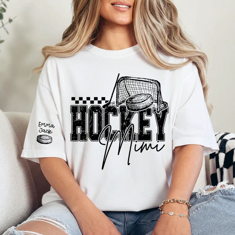 Custom Hockey Mimi T Shirt, Personalized Family Names with Hockey Design