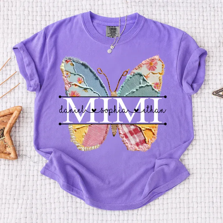 Comfort Colors Custom Mimi T Shirt, Floral Butterfly Design with Grandkids Names, Personalized Family Tee