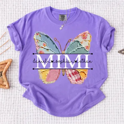 Comfort Colors Custom Mimi T Shirt, Floral Butterfly Design with Grandkids Names, Personalized Family Tee