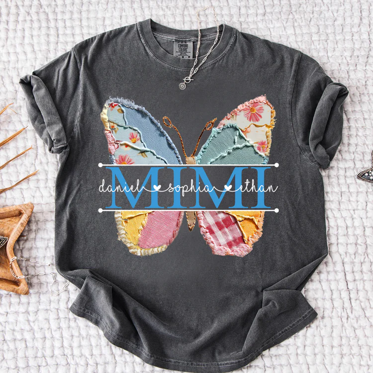 Comfort Colors Custom Mimi T Shirt, Floral Butterfly Design with Grandkids Names, Personalized Family Tee