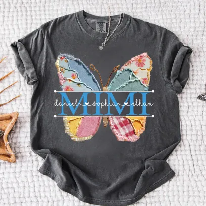 Comfort Colors Custom Mimi T Shirt, Floral Butterfly Design with Grandkids Names, Personalized Family Tee