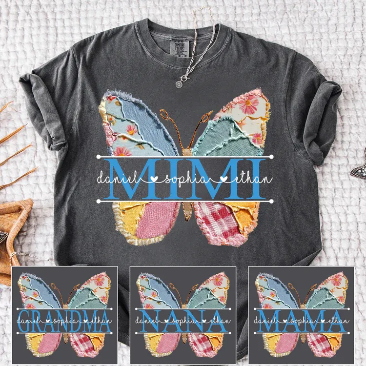 Comfort Colors Custom Mimi T Shirt, Floral Butterfly Design with Grandkids Names, Personalized Family Tee