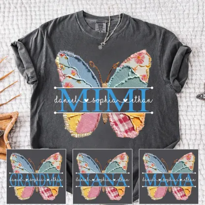 Comfort Colors Custom Mimi T Shirt, Floral Butterfly Design with Grandkids Names, Personalized Family Tee
