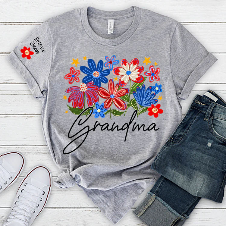 Grandma T-shirt With Heart And Flower Print, Custom Pinted Family Names