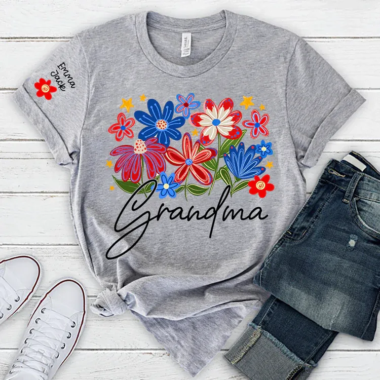 Grandma T-shirt With Heart And Flower Print, Custom Pinted Family Names