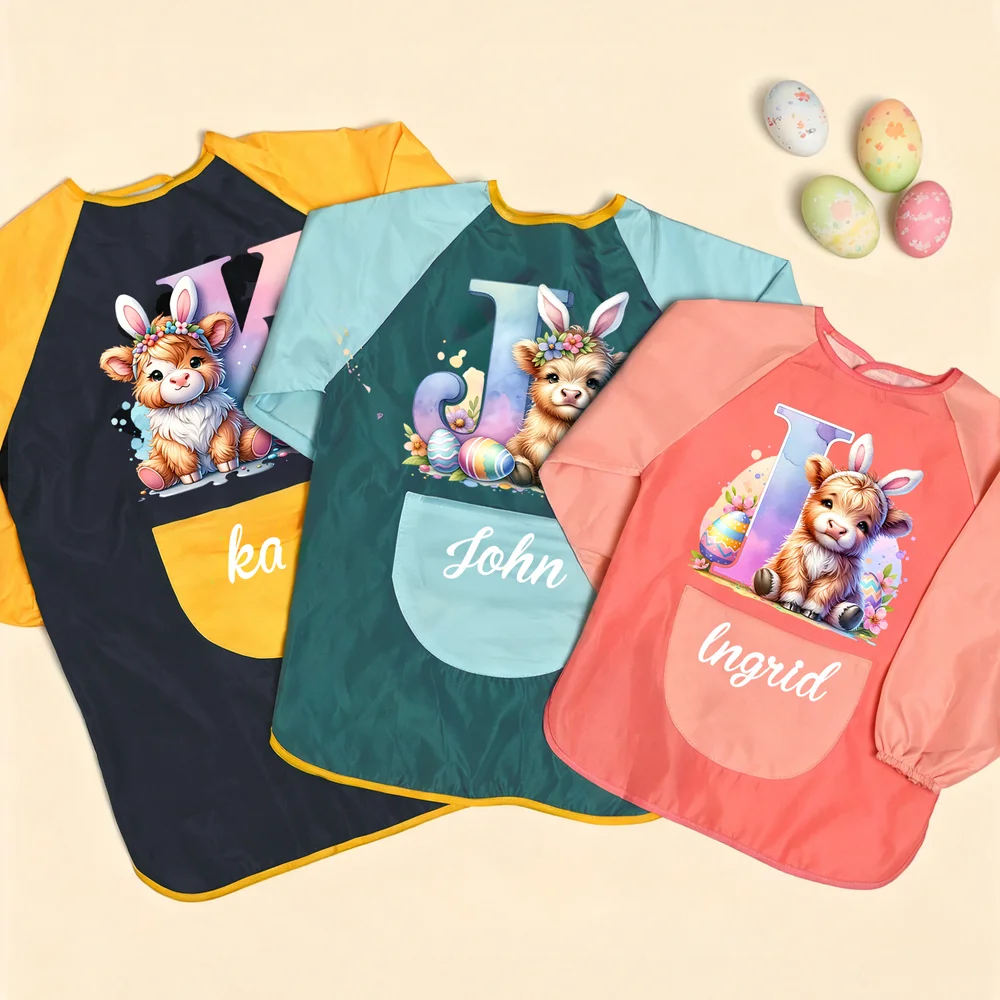 Personalized Bunny Ears Highland Cow Kid Painting Baking Apron with Name and Front Pocket Outdoor Activities Easter Gift for Kids