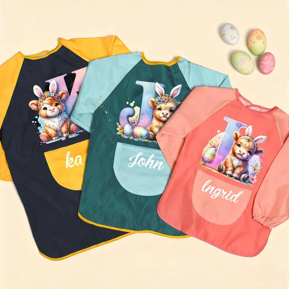 Personalized Bunny Ears Highland Cow Kid Painting Baking Apron with Name and Front Pocket Outdoor Activities Easter Gift for Kids